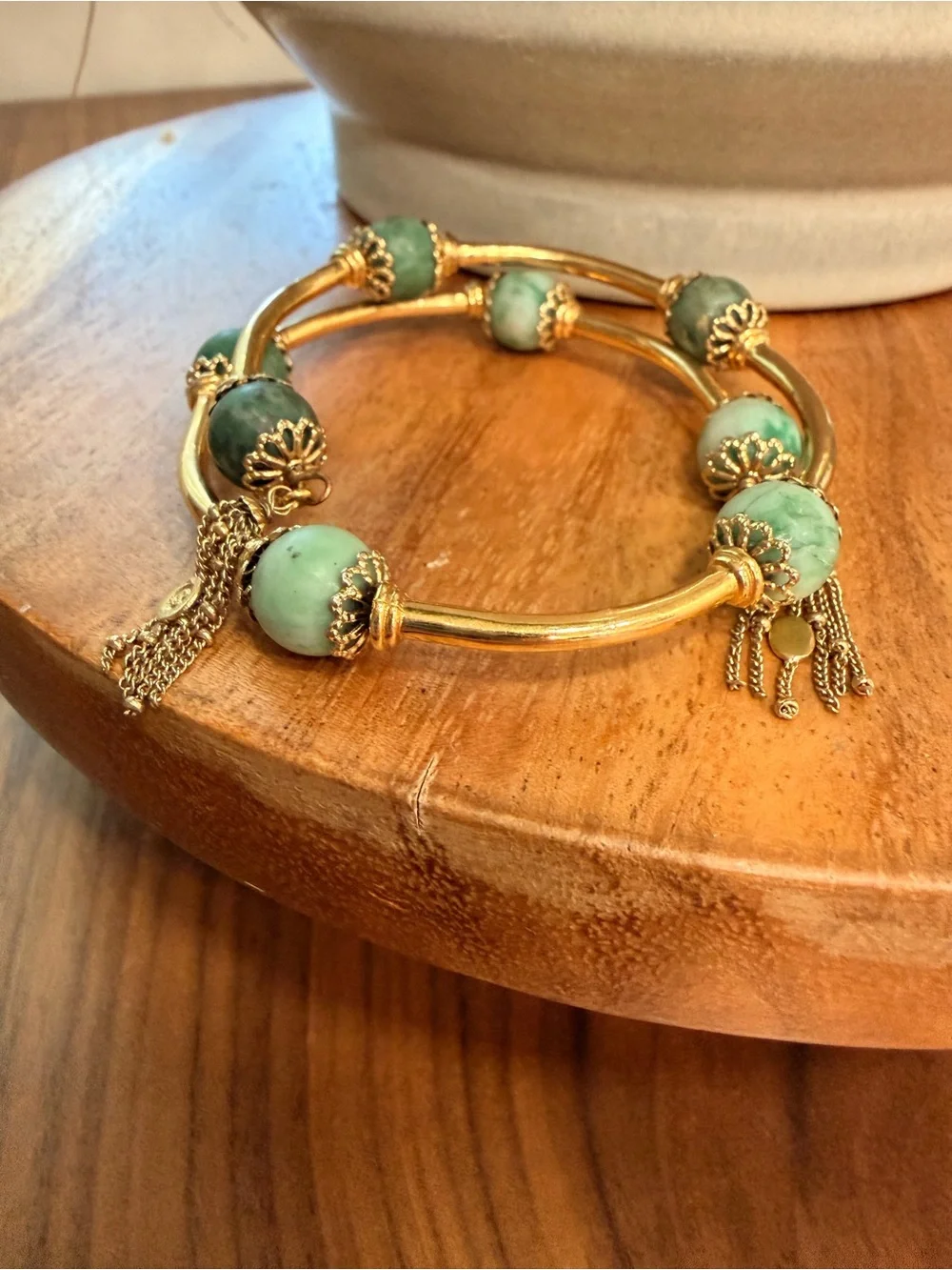 RARE HTF VTG Sezane Sally Bracelet Green and Gold Tone Marbled Stone